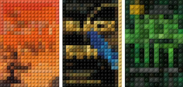 three fantasy book covers pixelated in lego pieces
