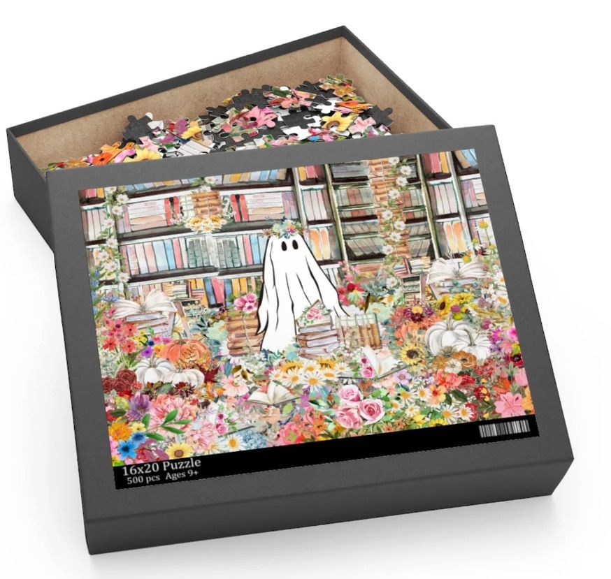 Image of a puzzle featuring a ghost in a library. 