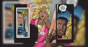 panel from Iron Man #15 in which Rhodey crawls to the door of old friend Glenda, who is surprised to see him.