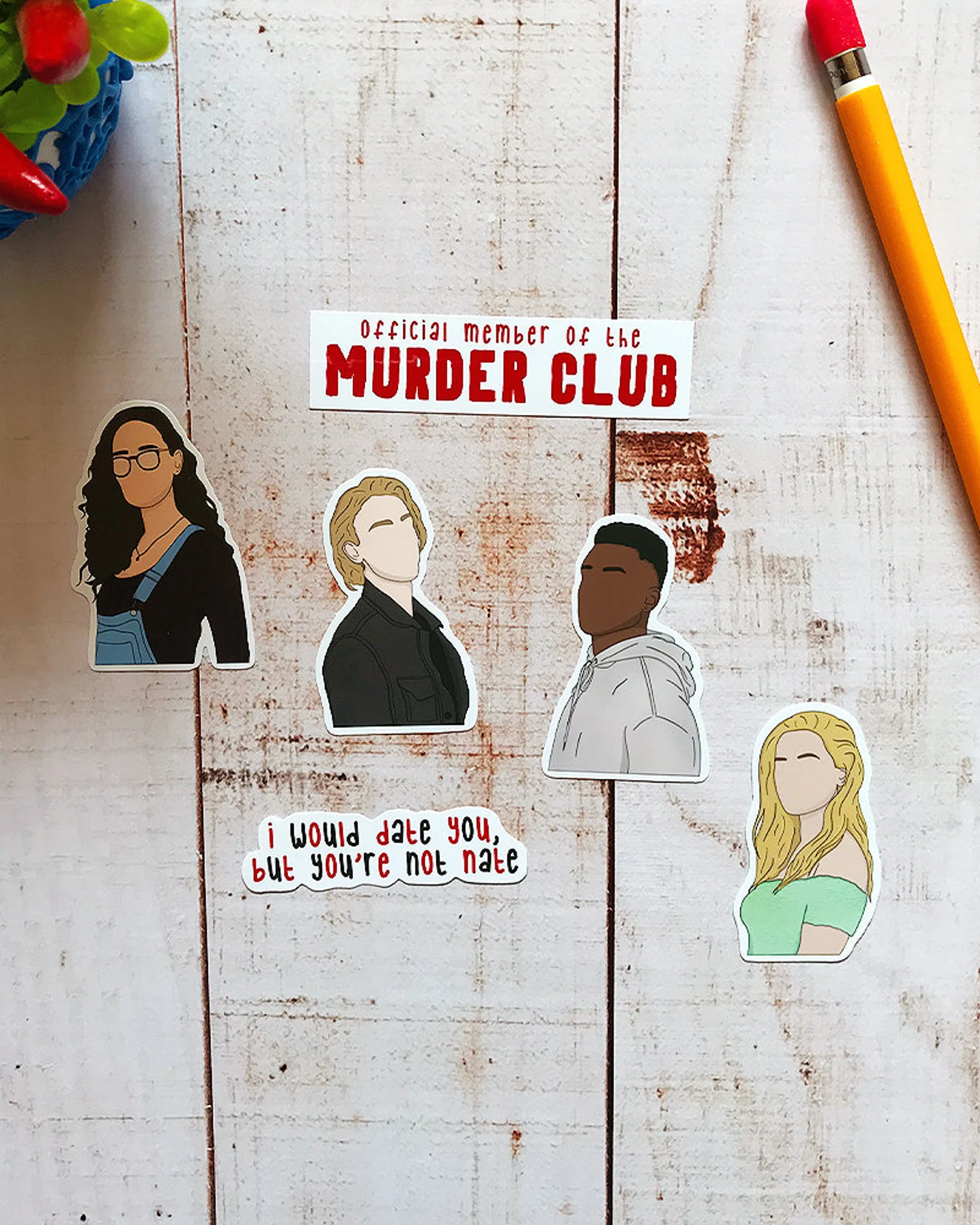 a pack of stickers portraying the members of the Murder Club from One of Us is Lying