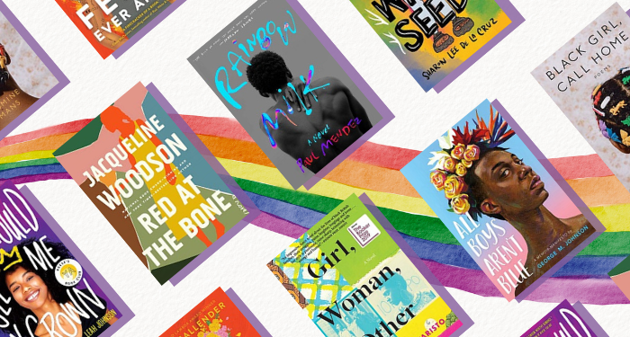 a collage of the covers listed against a rainbow watercolor background