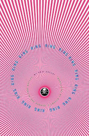 cover of The Ring by Koji Suzuki; repeating optical illusion pattern of red lines and blue circles, with a skull in the center