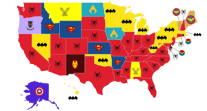 map of the U.S. and most popular comic book superheros by state