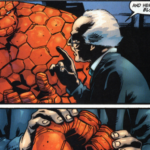a Fantastic Four panel showing The Thing and Sheckerberg. Sheckerberg says And here's something else I know. Remember the tale of the golem, Benjamin? He was a being made of clay - but he wasn't a monster. He was a protector. In a cut off panel, he says, Tell you what. This Star of David? You keep it for me. You protect it. while putting the Star of David necklace in Ben's hand.