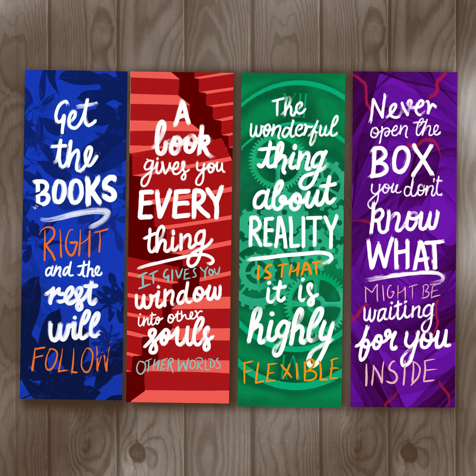 A set of four bookmarks evocative of the Truly Devious series covers with quotes from the books.