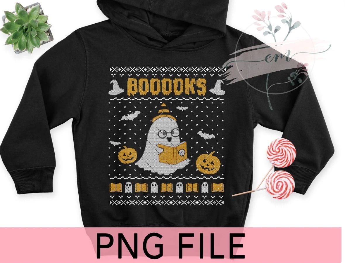 Image of a hoodie with an ugly Halloween sweater image. 
