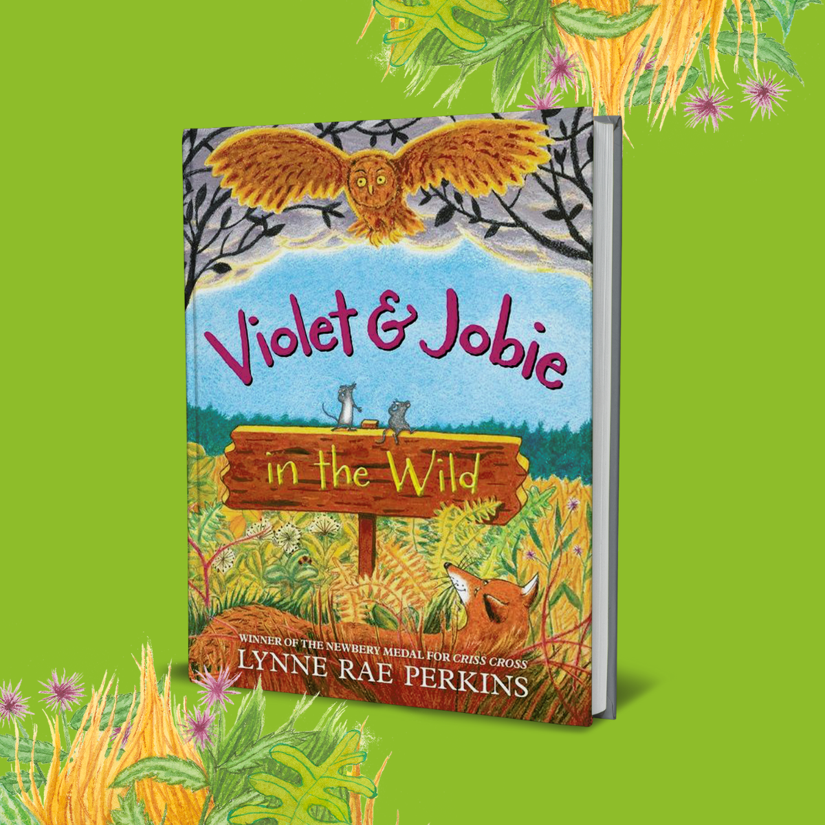 Book cover of Violet and Jobie in the Wild By Lynne Rae Perkins on a green background. 