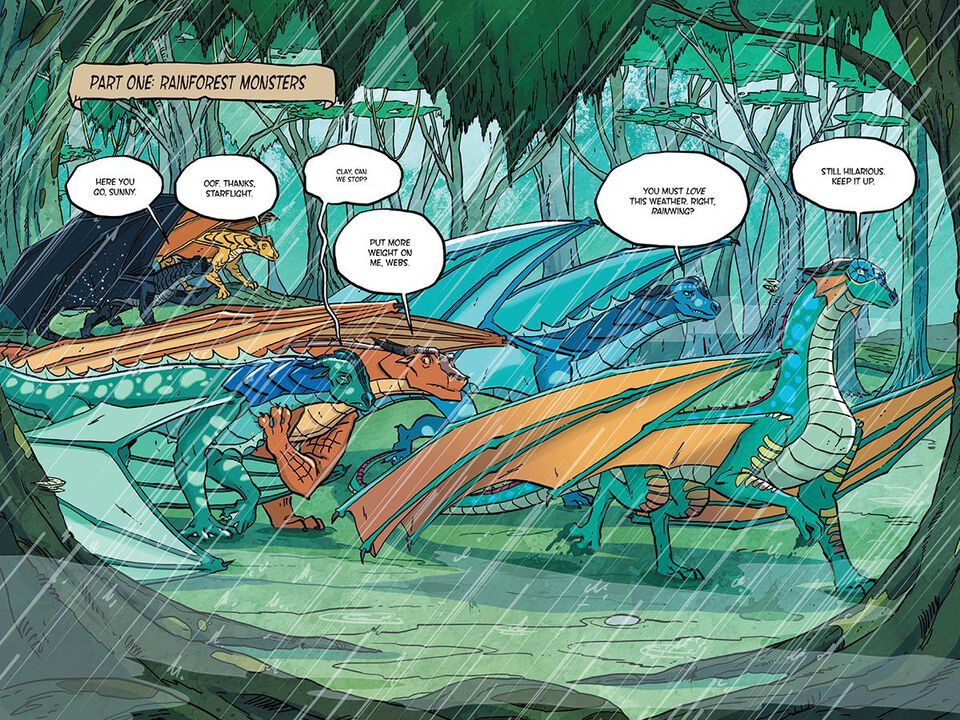 Full page from Wings of Fire: The Hidden Kingdom by Tui T. Sutherland, art by Mike Holmes.  Features six (6) dragons that walk in the rain. 