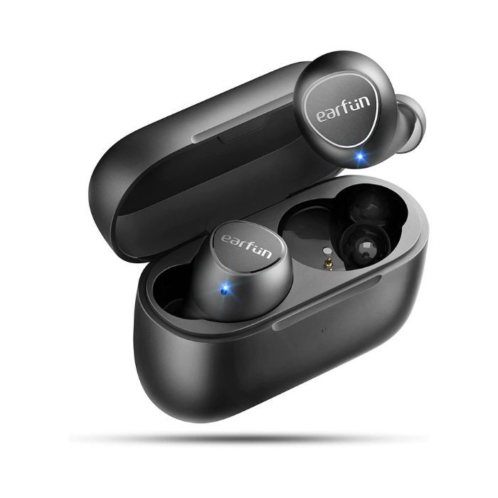 a set of black wireless earbuds in a black case