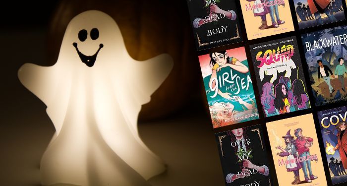 a smiling ghost lamp plus a collage of YA paranormal comics