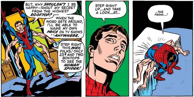 A six-armed Spider-Man tries to use humor to cope with his four new limbs. It doesn't work and he ends up sitting sadly on his bed.