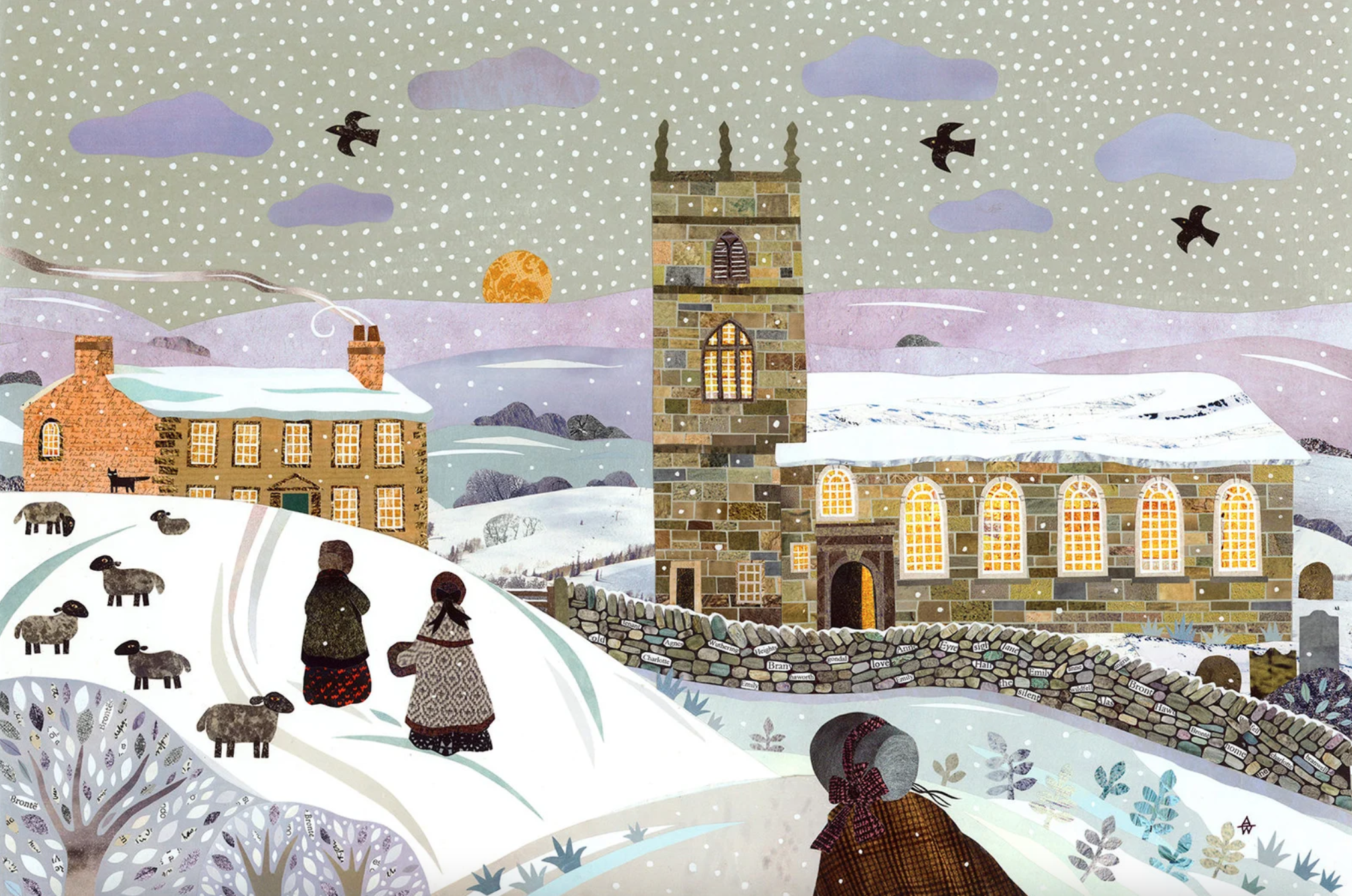 A card featuring The Brontë Sisters walking home from a winter's walk. A traditional seasonal scene with snow and the church where their father was the vicar.