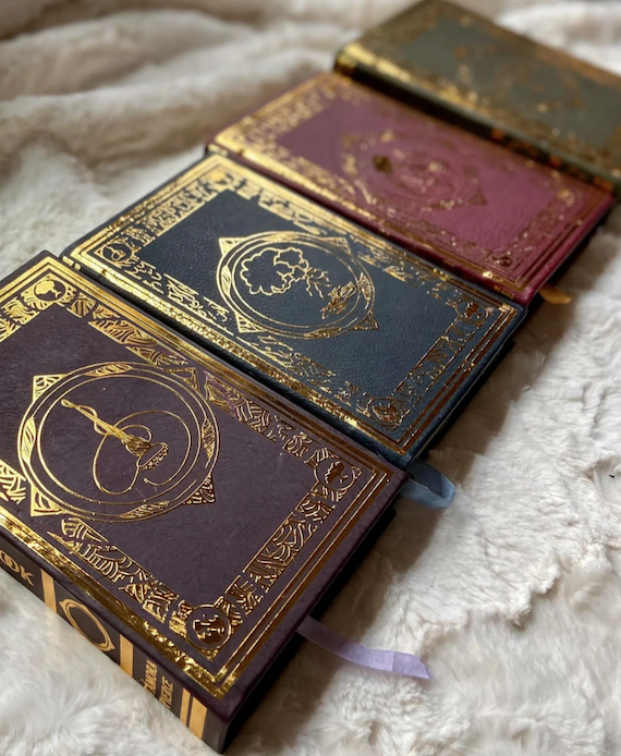 Leatherbound and gilded copies of Tamora Pierce's Circle of Magic series. 