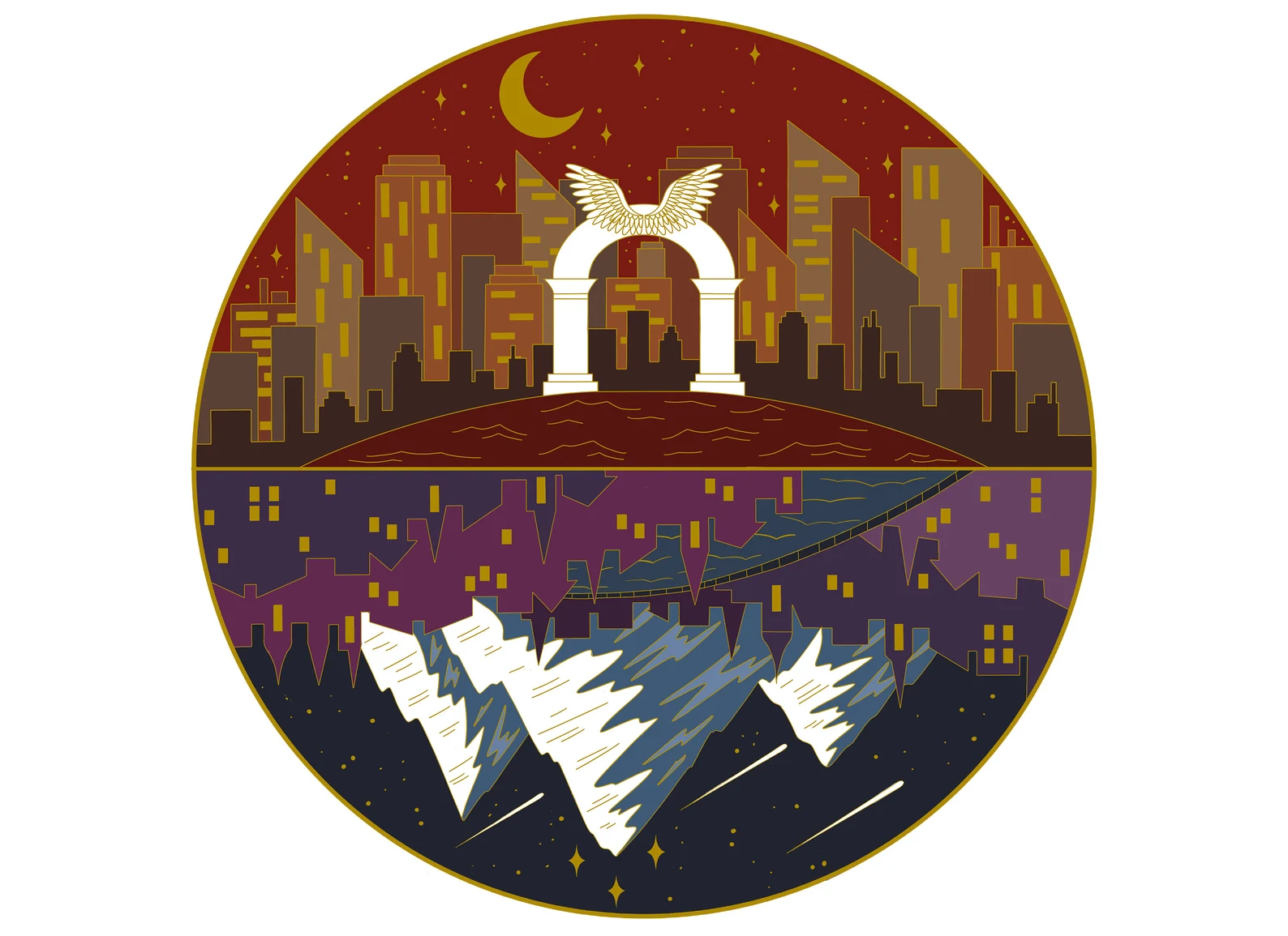 A photo of an enamel pin with the crescent city skyline on the top and the Velaris skyline on the bottom. 