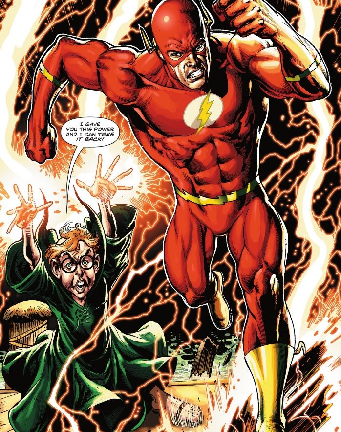 The Flash runs from Mopee, who threatens to take away his powers as lightning shoots from his hands.