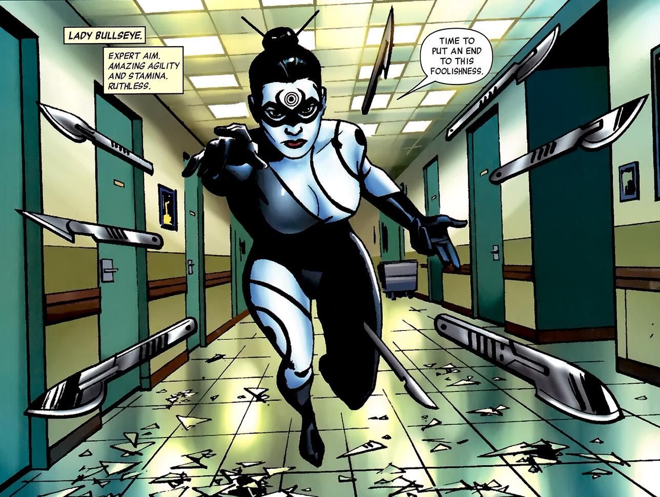 a panel of Lady Bullseye throwing scalpels with her mind