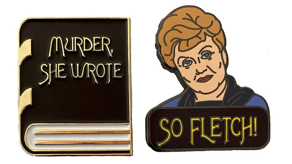 enamel pins of a book that says murder she wrote and one of angela lansbury with so fletch written below