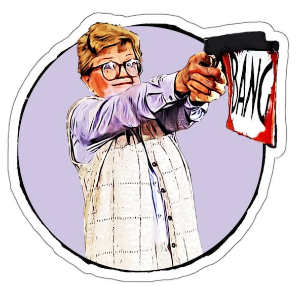 sticker of a graphic image of Jessica Fletcher shooting a prop gun with a flag that says Bang