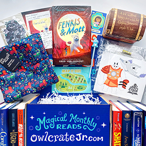 A collection of bookish goodies from OWL CRATE JR with text reading "Magical Monthly Reads owlcratejr.com"