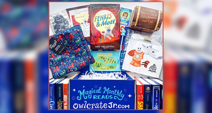 A collection of bookish goodies from OWL CRATE JR with text reading "Magical Monthly Reads owlcratejr.com"
