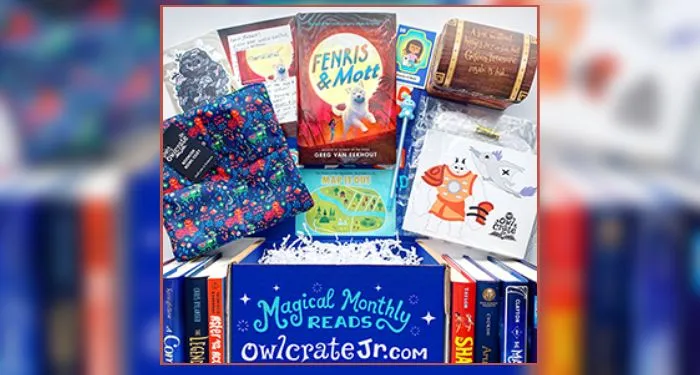 A collection of bookish goodies from OWL CRATE JR with text reading "Magical Monthly Reads owlcratejr.com"