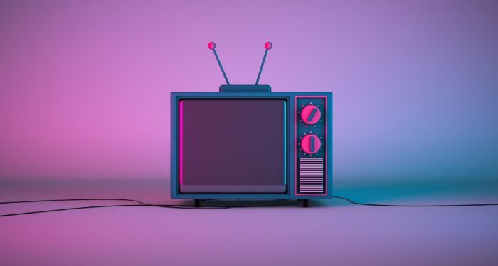 old fashioned tv in purple and blue toens