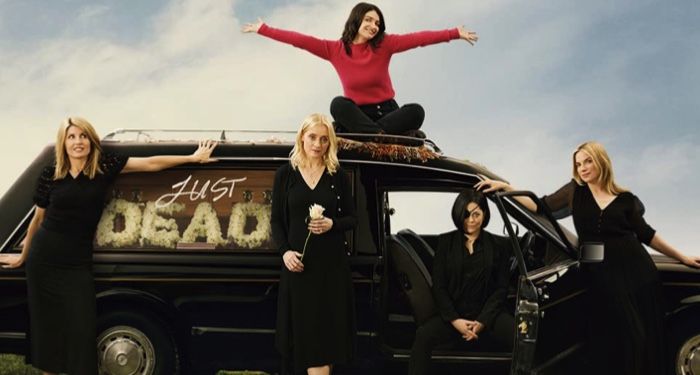 promotional image for the Apple TV+ show Bad Sisters, showing actors Eva Birthistle, Anne-Marie Duff, Sharon Horgan, Eve Hewson, and Sarah Greene posed around a hearse