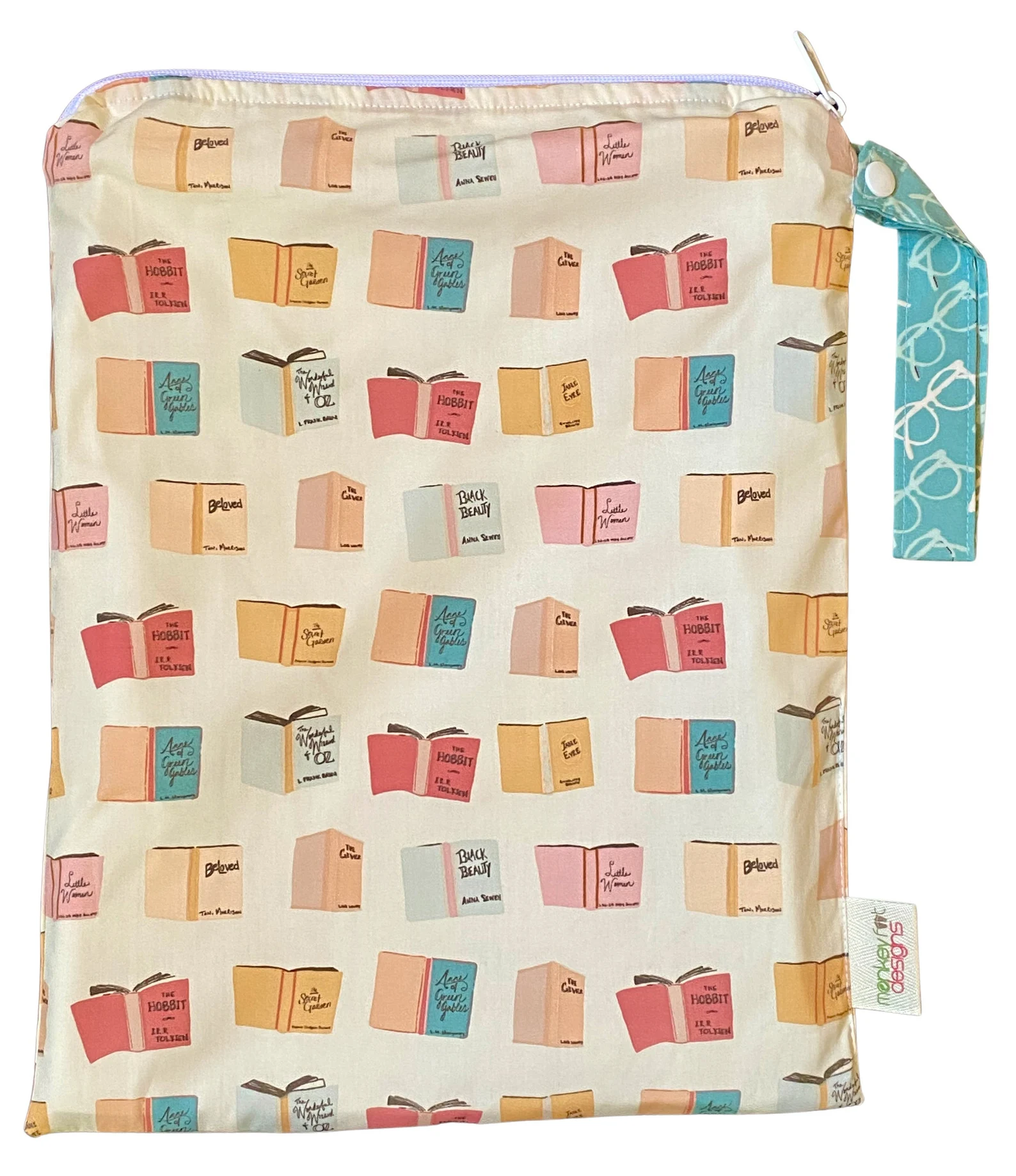 a zippered bag in open book print