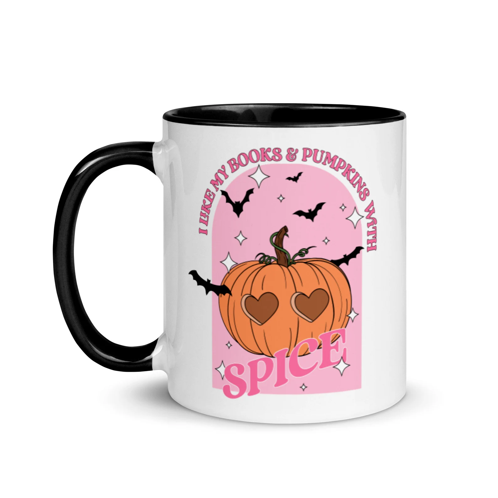 a mug with a pumpkin on it that reads "I like my books and pumpkins with spice"