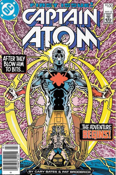 The cover of Captain Atom #1. A man in his underwear is strapped into a sci-fi-esque machine, grimacing in pain. Above him looms the figure of Captain Atom, with silver skin and a red atomic logo on his chest, also grimacing. Energy crackles around them. The cover copy reads "After they blow him to bits...the adventure begins!"