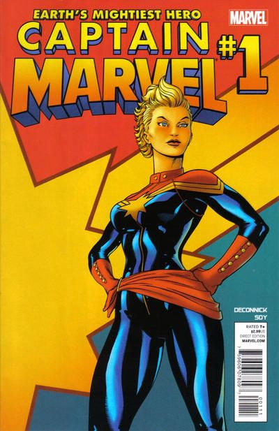 The cover of Captain Marvel #1. Carol Danvers poses heroically in her red, blue, and gold Captain Marvel costume.