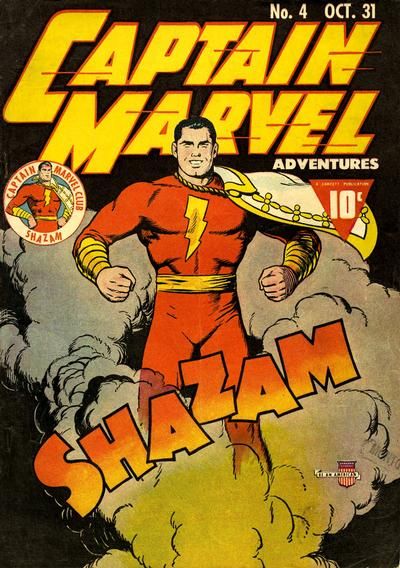The cover of Captain Marvel Adventures #4. Captain Marvel, a bulky man in a red and gold costume with a white and gold cape, stands in a cloud of smoke with the word 