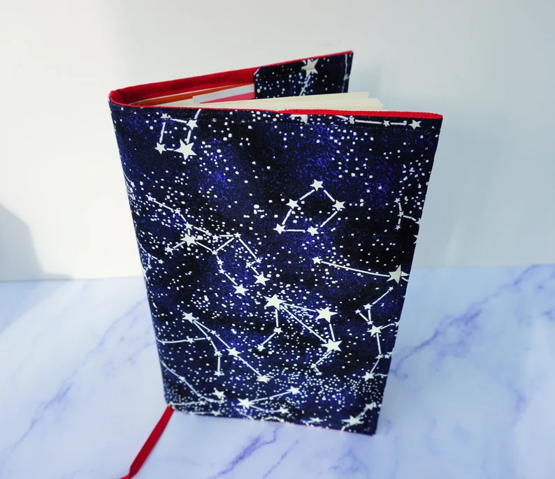 Photo of a book sleeve showing constellations on a dark blue and black sky