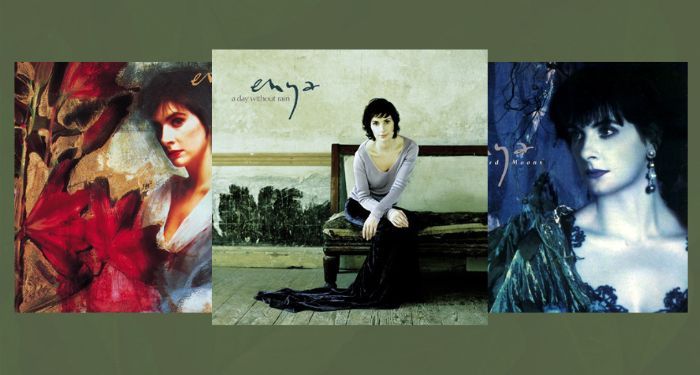 three Enya album covers in a collage: A Day Without Rain, Shepherd Moons, and Watermark