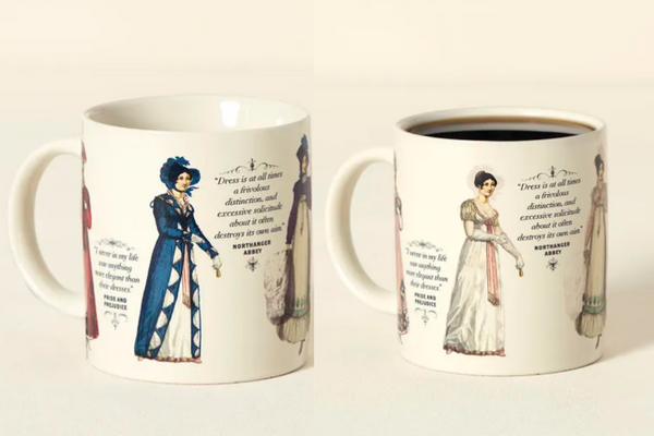 White mug with fashion illustrations of regency dress that shift from daywear to formal evening gowns with temperature changes.
