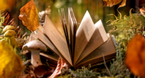 a photo of an open book with an Autumnal background of mushrooms and orange leaves
