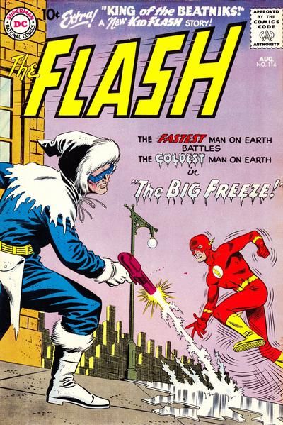 The cover of Flash #114. The Flash runs towards Captain Cold, who is wearing a blue and white costume trimmed with fur and shooting his freeze gun at the ground below Flash's feet so that it ices over. The cover copy reads 