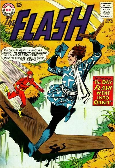 The cover of Flash #148. Captain Boomerang, wearing a blue tunic with white boomerangs printed all over it, leaps into the air, held aloft by a boomerang. Below him, the Flash runs onto a giant boomerang that stretches over a wide stream. Captain Boomerang is thinking 