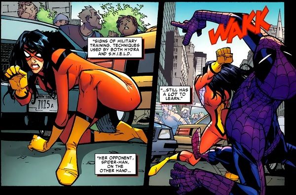 two panels showing Spider-Woman punching Spider-Man