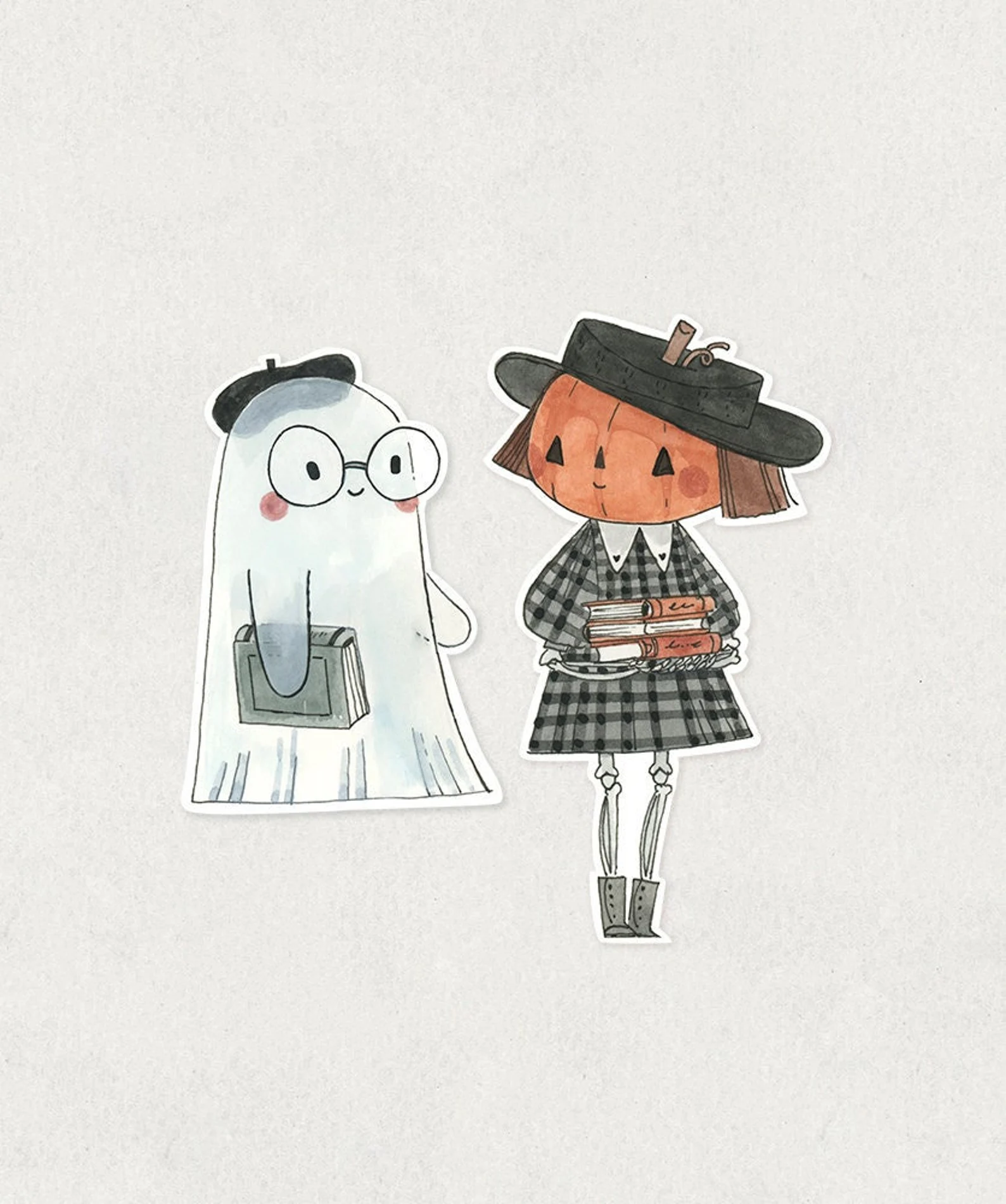 stickers of a ghost and pumpkin head girl carrying books