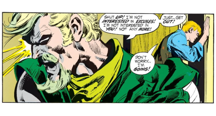 a panel showing Green Arrow yelling at Roy Harper "Shut Up! I'm not interested in excuses! I'm not interested in you! Not any more! Just...get out!"