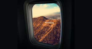 a shot of the Hollywood sign from a plane window