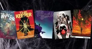 a collage of covers of five horror comics series starters