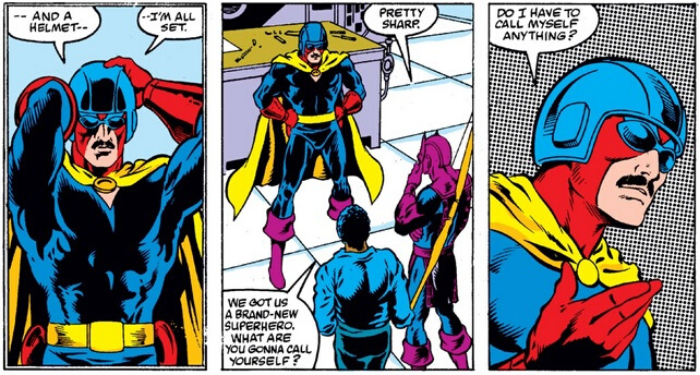 the panels showing Hawkeye and Jim Rhodes ask a masked, helmeted figure if he has a name, and the man responds by asking if he really needs a name.