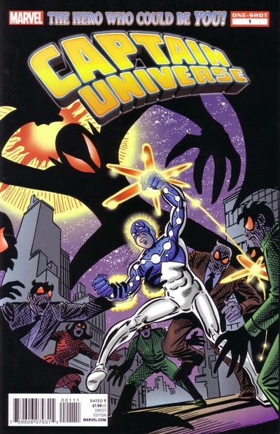 The cover of Marvel Spotlight on Captain Universe. Captain Universe, a male figure in a blue and white suit, glows with energy as he is surrounded by adversaries with glowing red eyes. A black energy being looms over the scene.