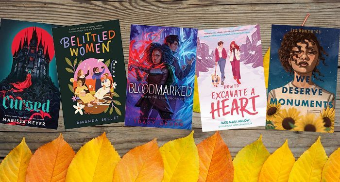 a collage of five covers of YA new releases against a background of grey wood and yellow and orange leaves
