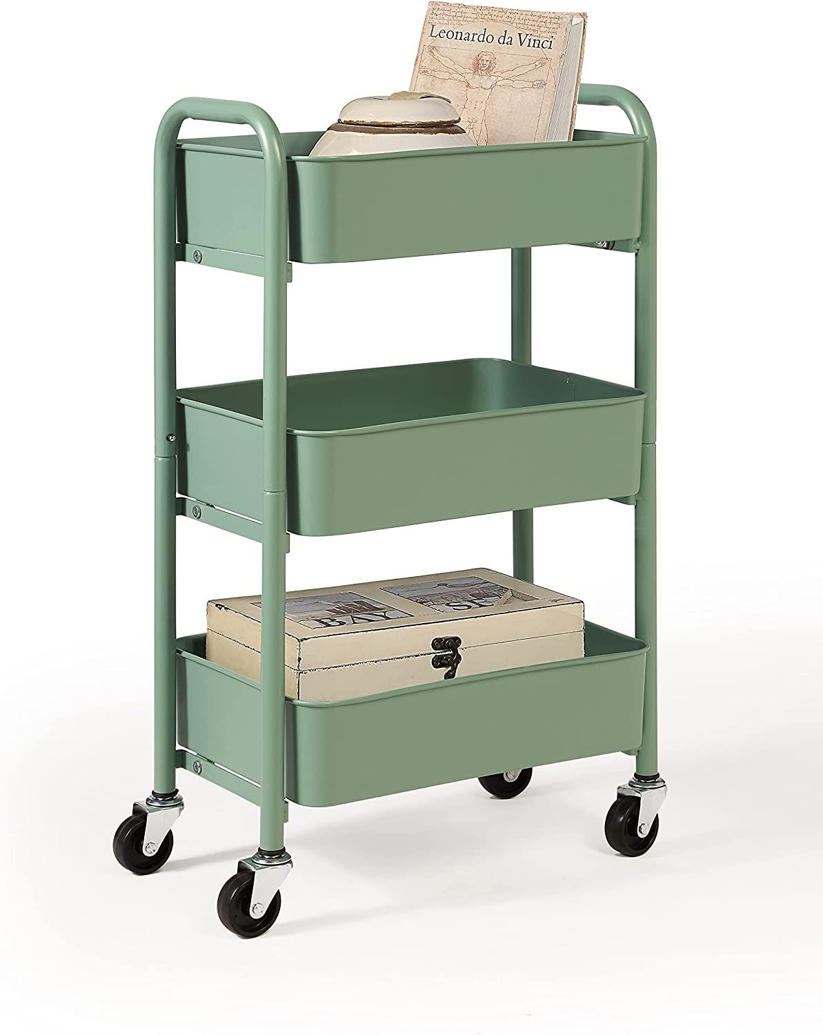 Image of a sage green rolling bookshelf. 