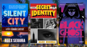 three of Alex Segura's book covers against a Miami backrgound