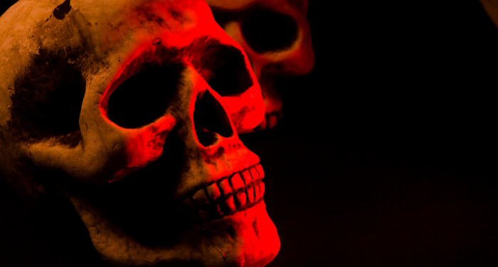 a photo of a fake skull in red lighting