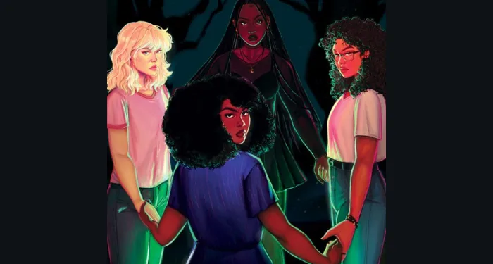 a cropped cover of The Witchery, showing teenage witches holding hands and looking judgmentally at the viewer